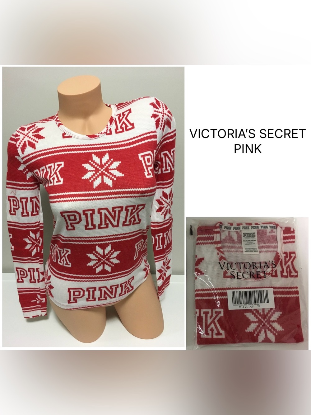 VICTORIA’S SECRET PINK - XS - NWT - HOLIDAY FAIRISLE COZY WAFFLE SLEEP SHIRT